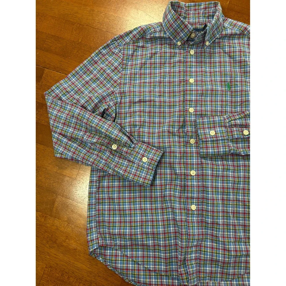 Ralph Lauren Button Down Boys M 10-12 Blue Plaid Stretch Long Sleeve Shirt